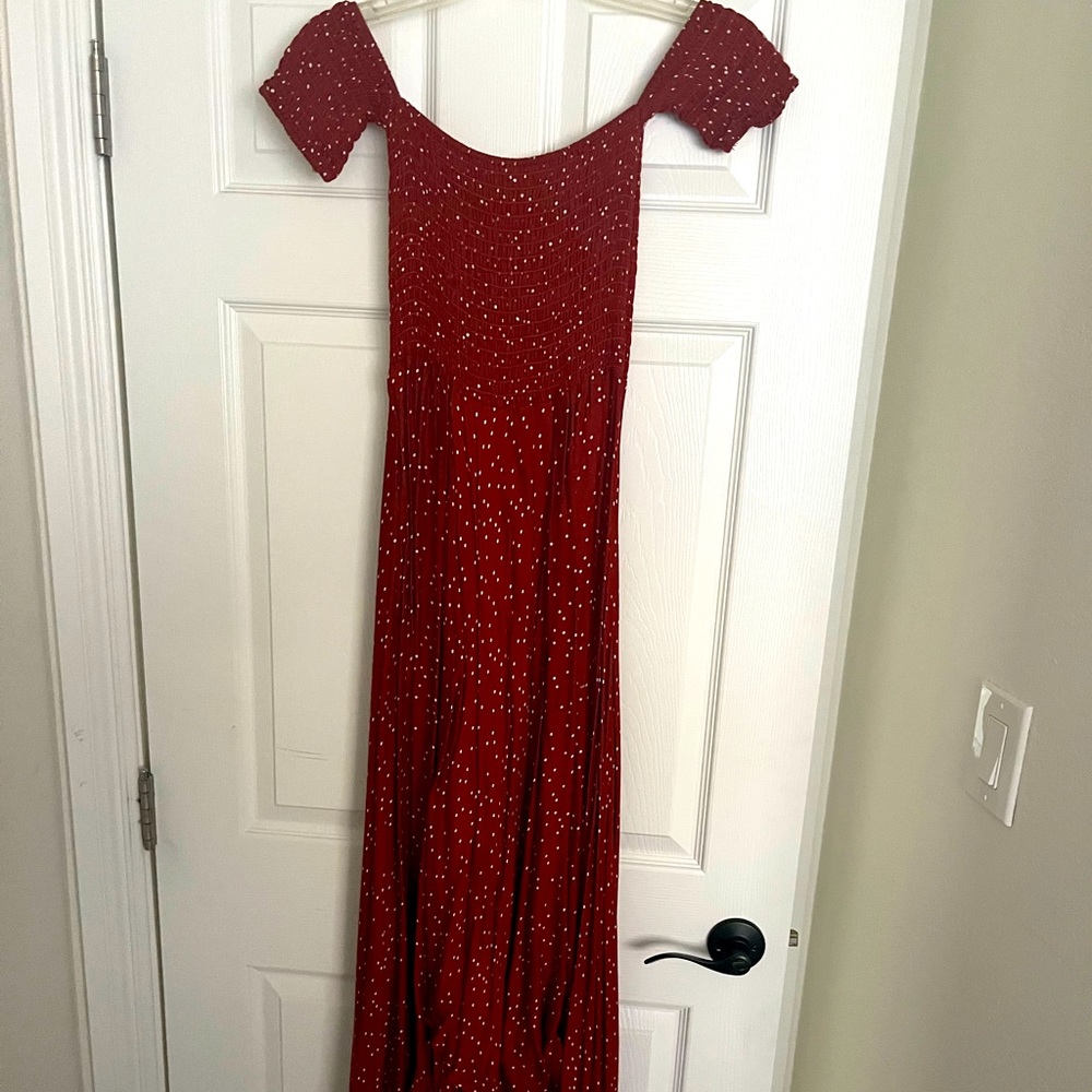 Off the shoulder, maxi/high-low dress!